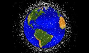 An illustration showing Earth-orbiting space junk.