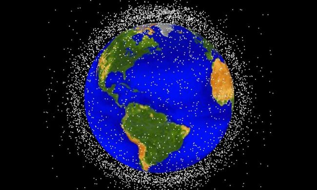 An illustration showing Earth-orbiting space junk.