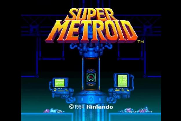 Экран паузы в Super Metroid показывает плавающего в банке Метроида.