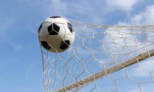 A soccer ball in a net.