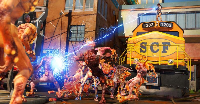 Sunset Overdrive screens show action on foot and in the air