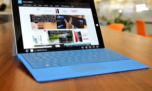 The Microsoft Surface 3 with its blue keyboard.