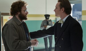 Michael Fassbender and Seth Rogen in Steve Jobs.