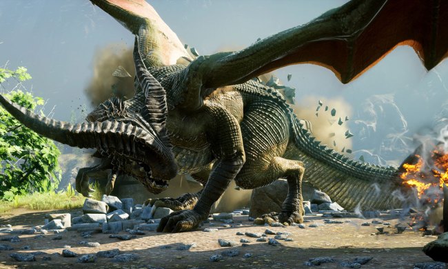 A dragon appears on the ground in Dragon Age: Inquisition.