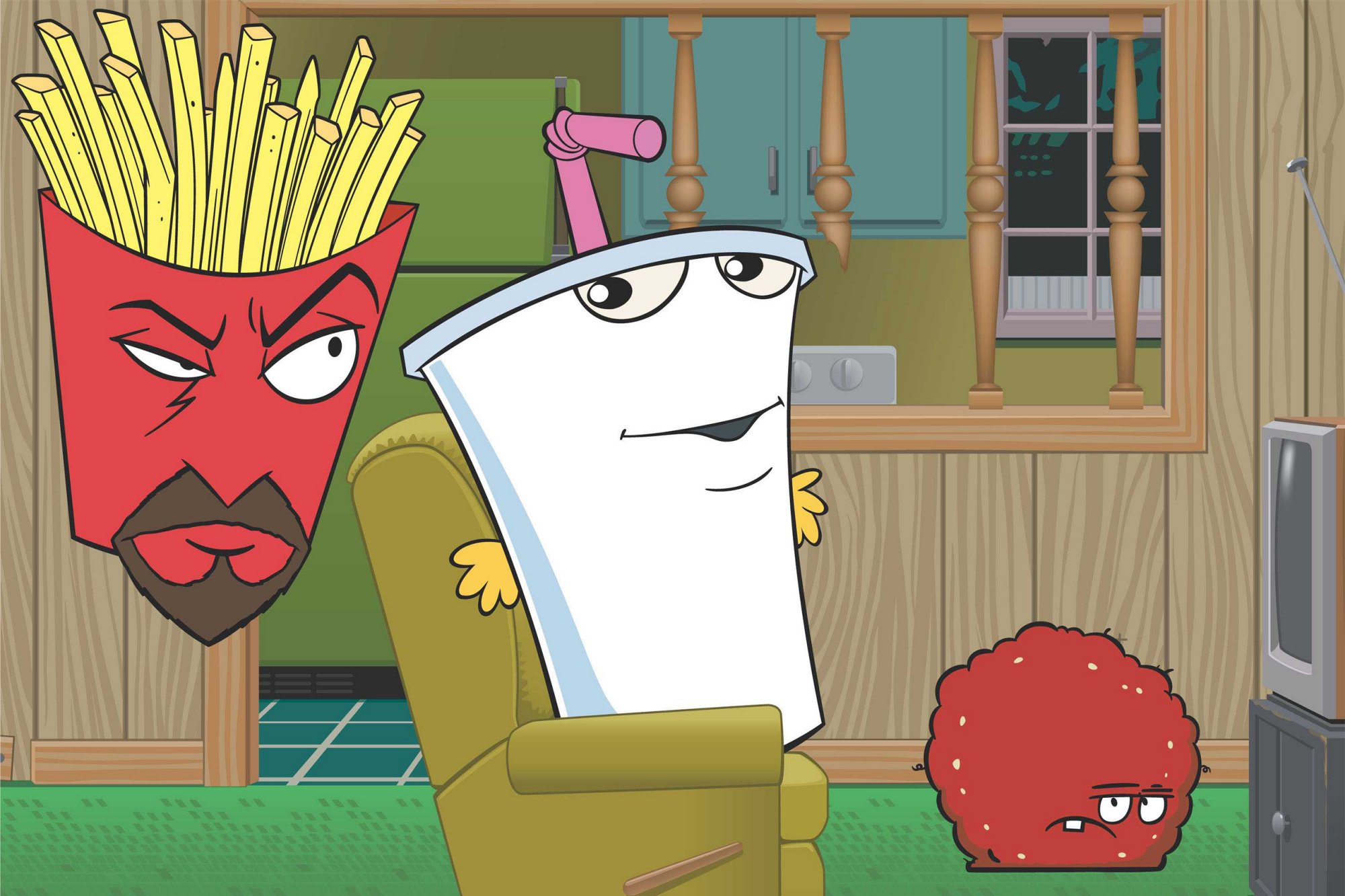 Frylock, Master Shake, and Meatwad in a living room in Aqua Teen Hunger Force.