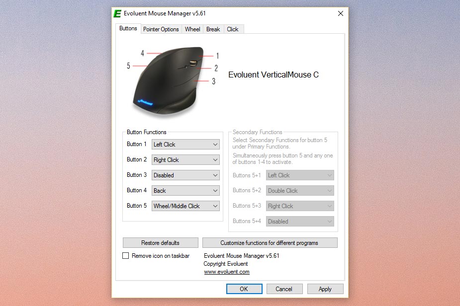 evoluent mouse settings