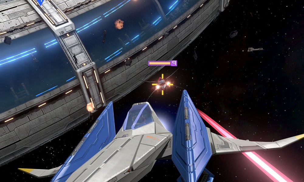 An Arwing flies through space in Star Fox Zero.