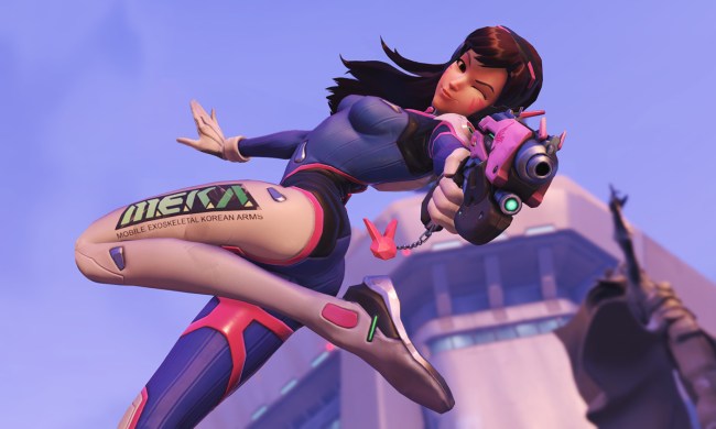 D.Va out of her mech and in the air shooting her gun in Overwatch.