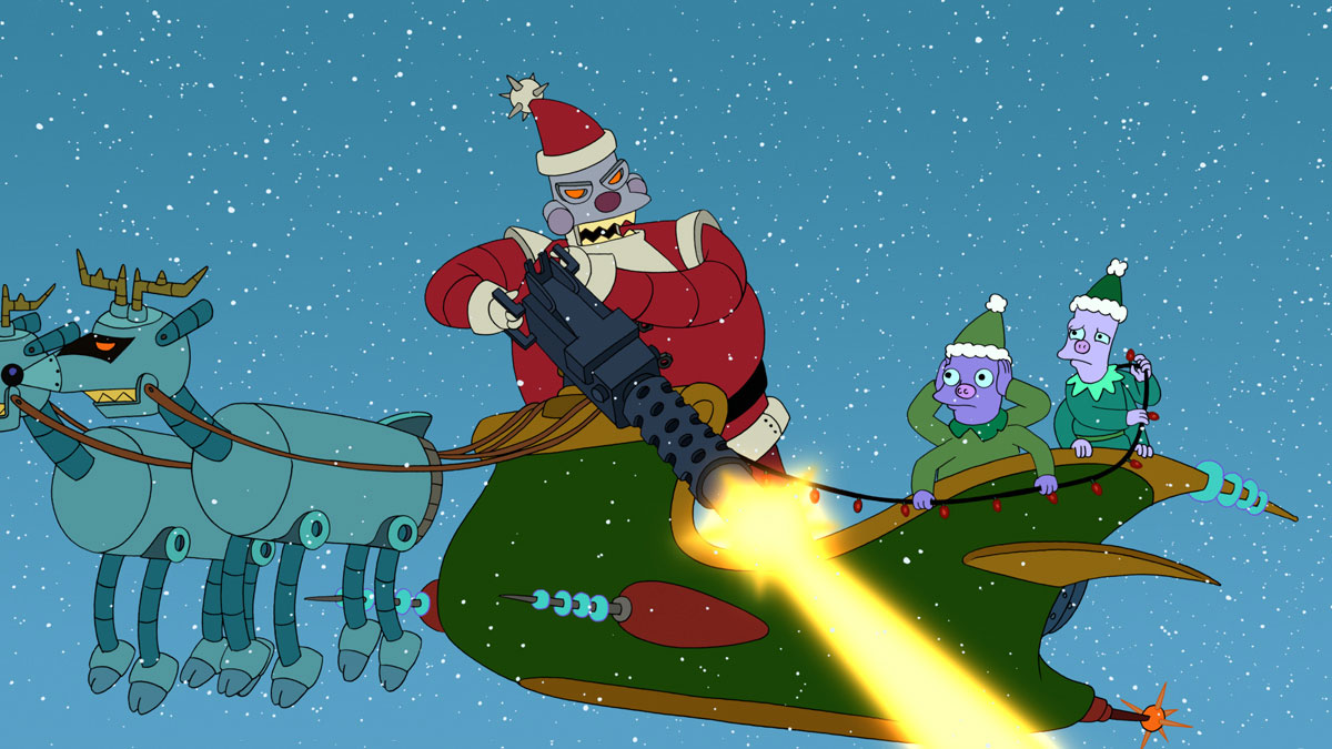 Santabot disparando uma arma a bordo de seu trenó em "Futurama".