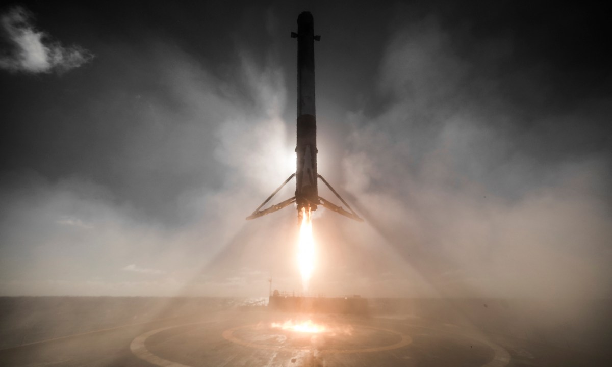 A Falcon 9 booster coming in to land.