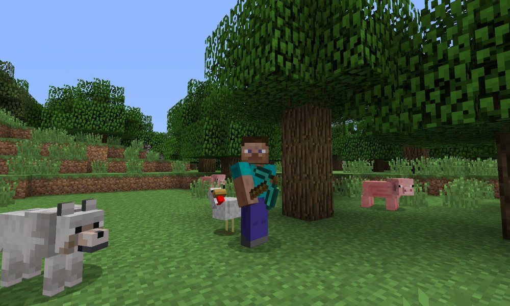 A Minecraft characters stands by a tree.