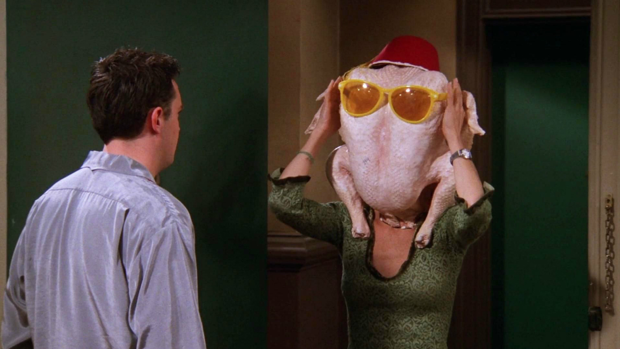 Monica with a turkey on her head on "Friends."