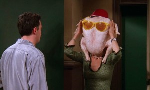 Monica with a turkey on her head on "Friends."