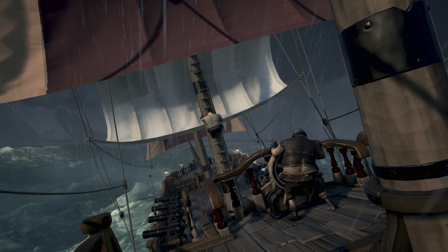 Sea Of Thieves Hands-on Preview | Crewmember piloting ship in storm and swells