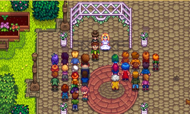 A wedding in Stardew Valley. The player characters is marrying Haley, who's in a bridal gown. They're standing underneath an arch with all the townsfolk watching.