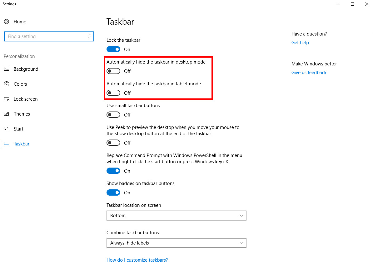 how to hide the taskbar in Windows - Settings menu