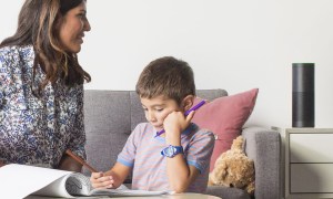 mom and son using with amazon echo