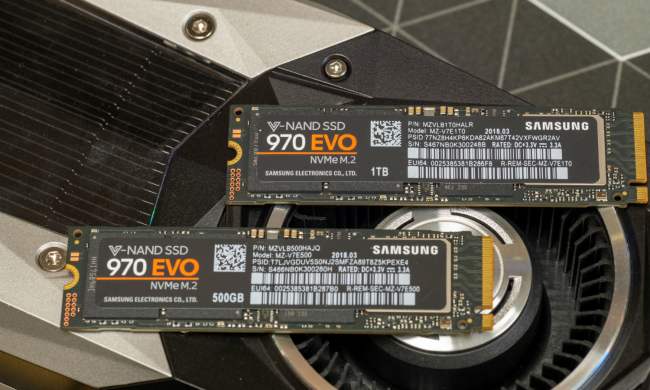 Two Samsung SSDs on a graphics card.