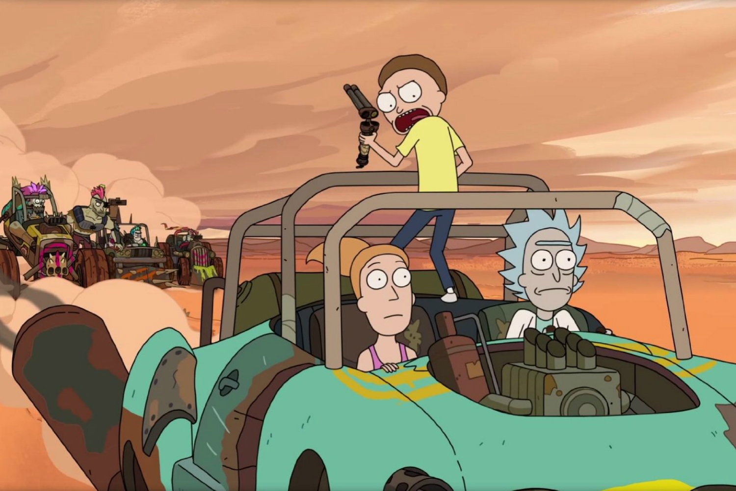 Summer, Morty e Rick dirigindo por um terreno baldio em "Rick e Morty".