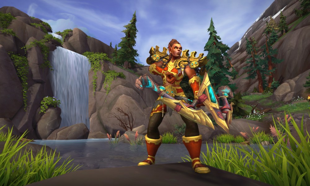 A warrior stands in front of a waterfall in Battle for Azeroth.