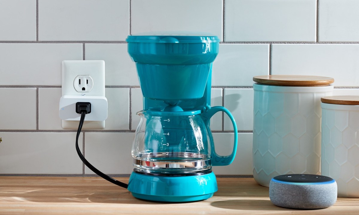 Coffee maker plugged into the Amazon Smart Plug on a kitchen counter.