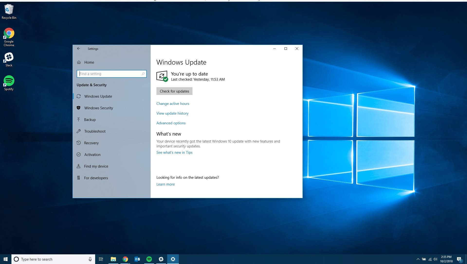 Pantalla de actualización de Windows en Windows 10.