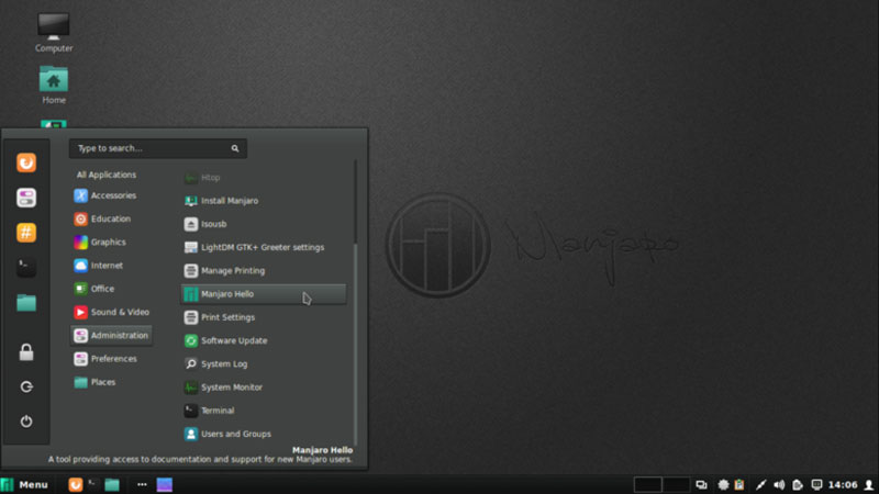 The Manjaro distro home screen with app menu open.