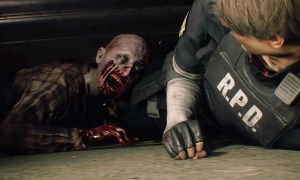 A zombie crawls after someone in Resident Evil 2.