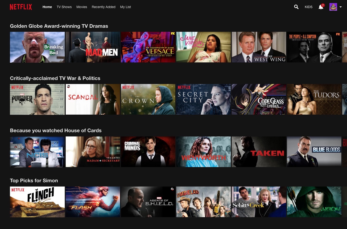 Netflix app's menu of movies and television shows.