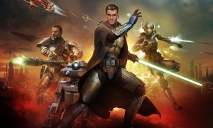 A collage of characters in "Star Wars: The Old Republic" promo art.