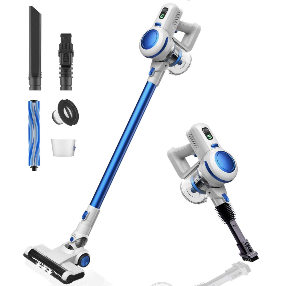 A blue Ordfeld cordless stick vacuum on a white background.