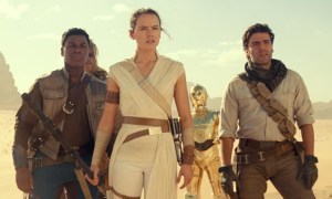 Rey Finn Poe Chewie and C-3PO in the desert in "Star Wars: Rise of Skywalker."