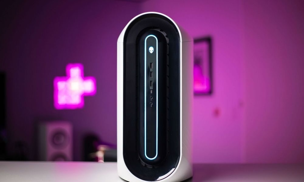 The Alienware Aurora R10 Ryzen Edition Gaming Desktop, placed on a desk.