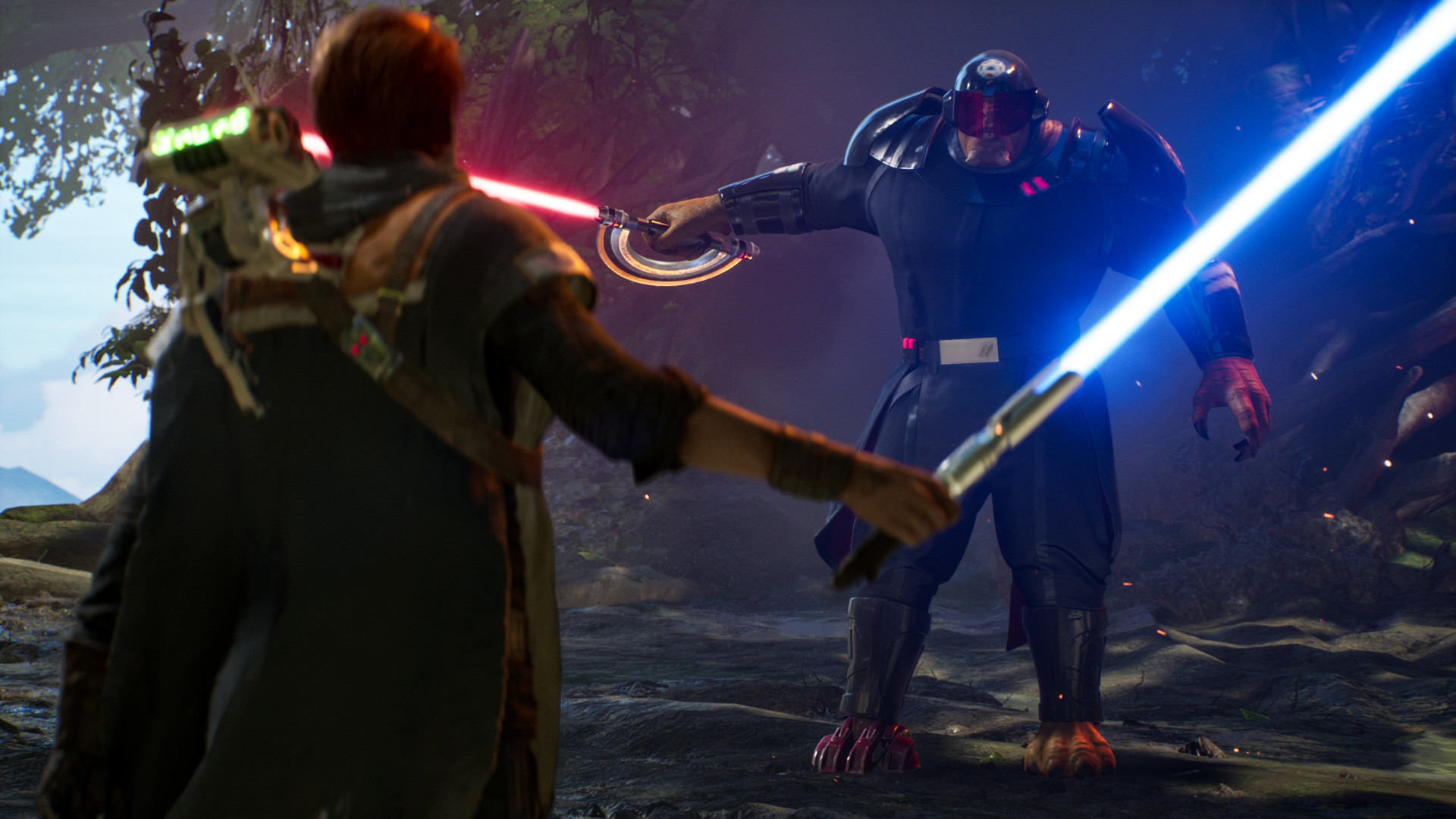 Characters with lightsabers in Fallen Order.