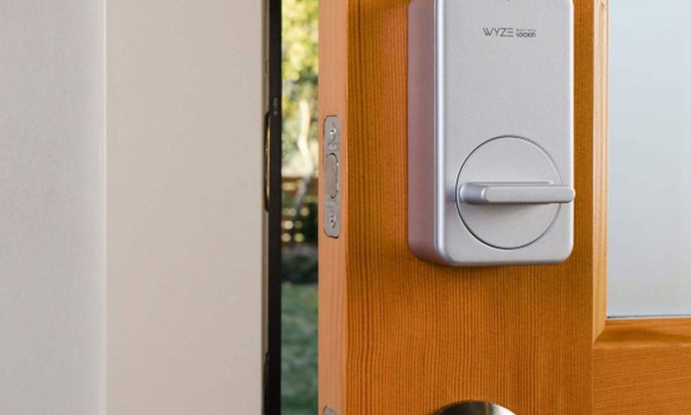 Wyze smart home lock on a door.