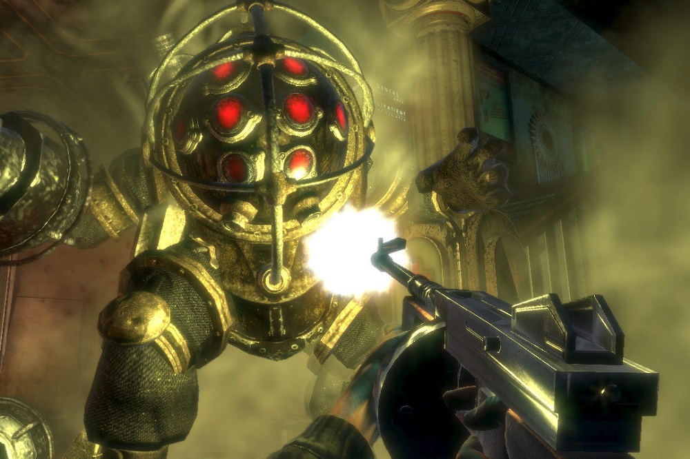 A BioShock player shooting a Big Daddy.