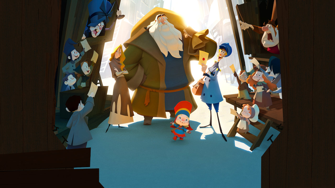 A group of animated characters stand around Klaus.