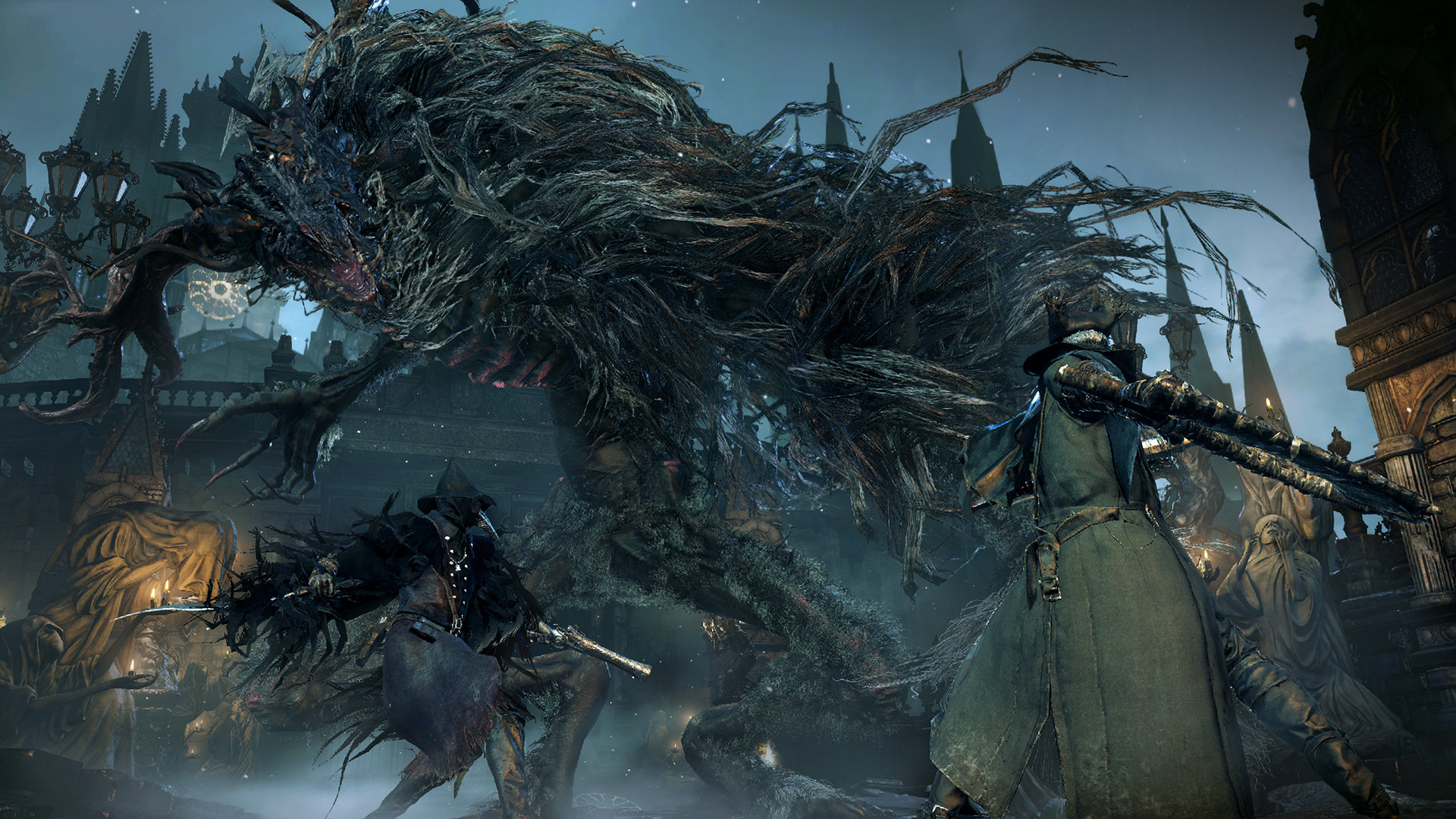 A horrifying monster stands tall in Bloodborne.