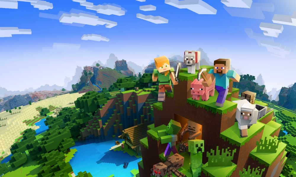 Minecraft players on top of mountain a pig, a sheep and a wolf