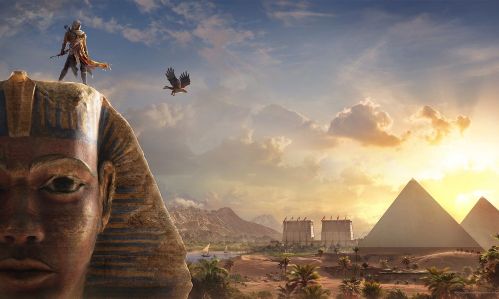 Bayek atop the Sphynx and overlooking ancient Egypt in a promo image for Assassin's Creed Origins.