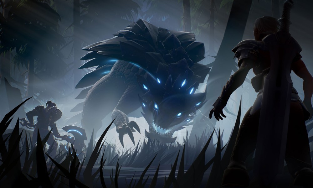 A monster stalking two characters in the dark in Dauntless,