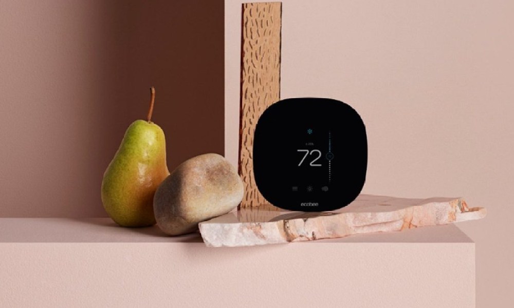 Ecobee thermostat poised against a wall next to a rock and pear.