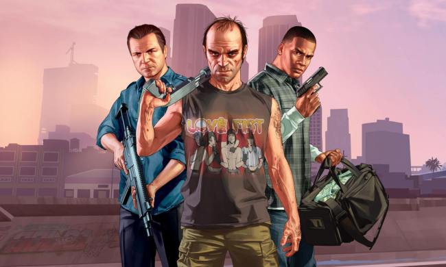 Trevor, Michael, and Franklin are all holding guns in GTA 5 promotional art.