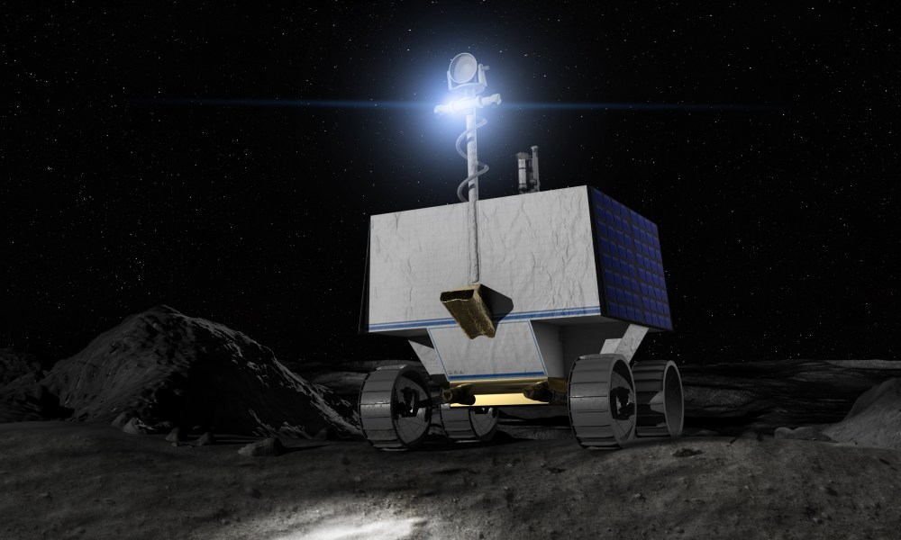 An illustration of NASA's Volatiles Investigating Polar Exploration Rover (VIPER) on the lunar surface.