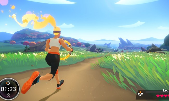 A screenshot from Ring Fit Adventure of a woman running.