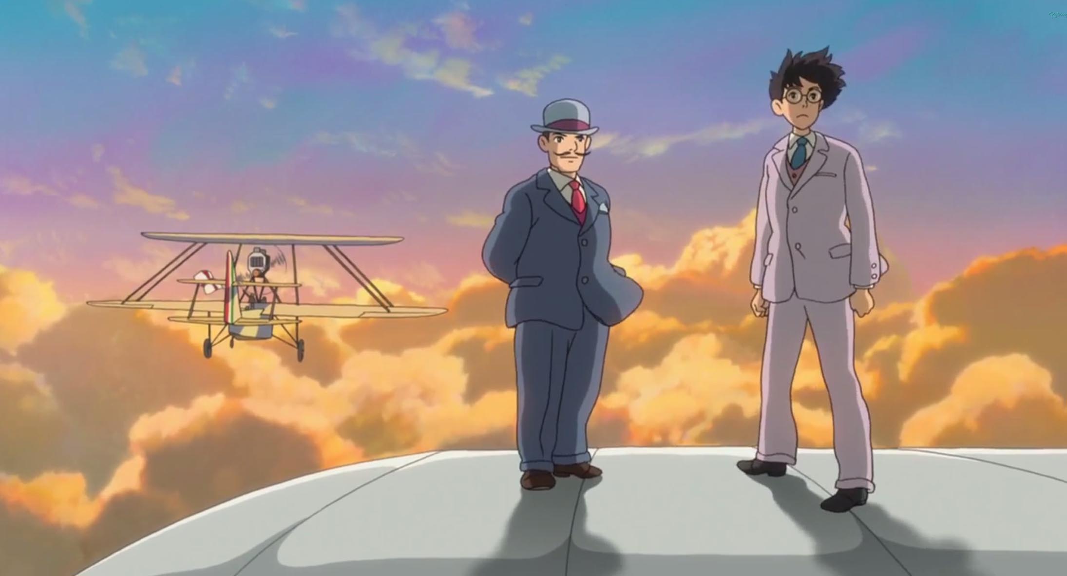 Dois homens na asa de um avião em The Wind Rises.