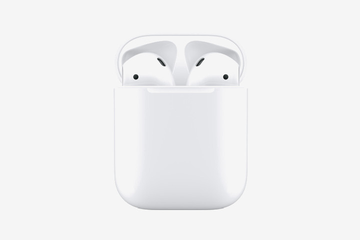 Image shows white Apple AirPods in a charging case