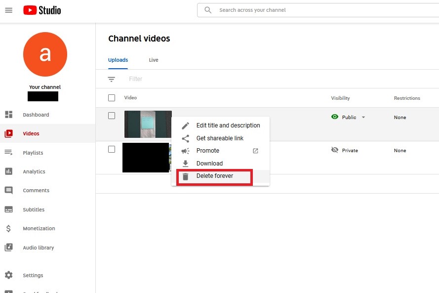 delete youtube video screenshot