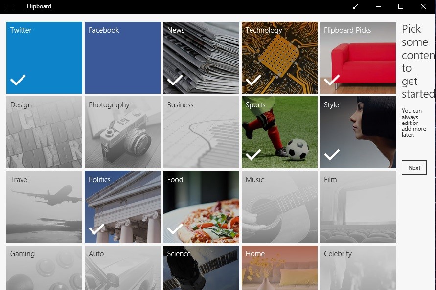 The user interface for the Flipboard app for Windows 10.