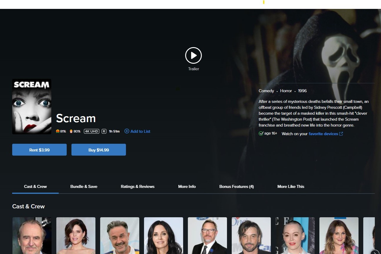 The info panel for Scream is shown on Vudu.